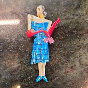 Vintage Style Brooch with Blue Dress and Red Accents